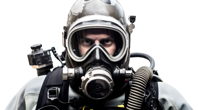 Plongeur en tenue de plongée avec son masque avec transparence, sans background