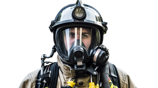 Sapeur pompier en tenue pour combattre le feu avec transparence, sans background