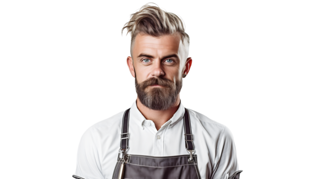 Coiffeur barbier en tenue pour travailler dans un salon de coiffure avec transparence, sans background - Powered by Adobe