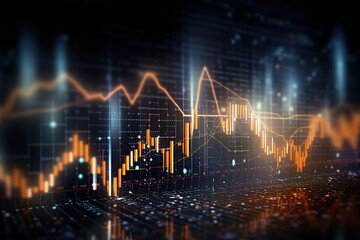 Stock market chart. Trading market concept with financial graphs, glowing lines and diagram on digital screen at world map background