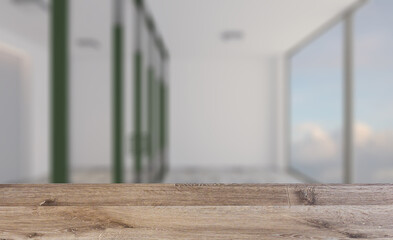 Side view of modern interior. 3D rendering.. Background with empty wooden table. Flooring.