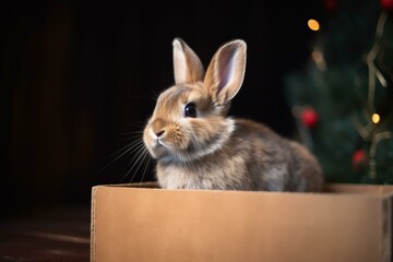 Obraz premium Adorable bunny trapped in a present box beneath the Xmas tree. Generative AI