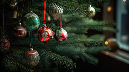 Close-up of a Christmas tree branch with glass ball ornaments.