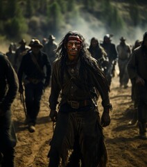 Obraz premium Native American Tribe Leader is going into battle with his men.