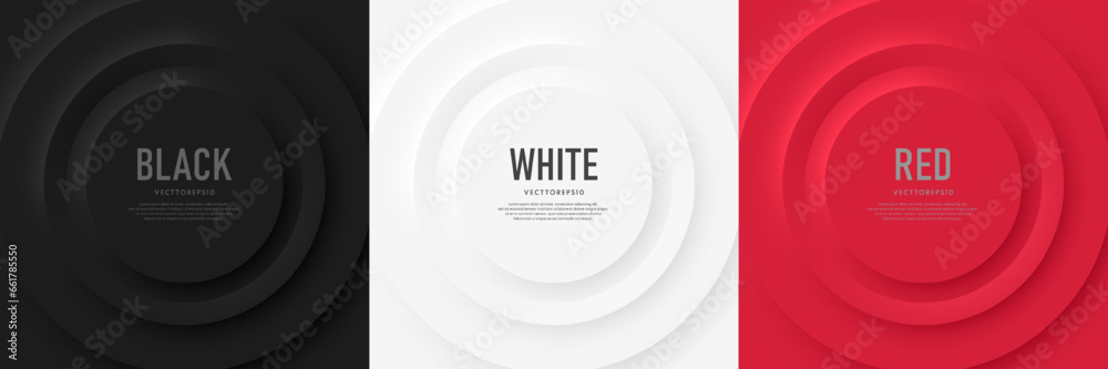 Sticker set of black, white and red 3d radial circle pattern with soft light and shadow in neumorphism style