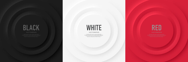 Set of black, white and red 3D radial circle pattern with soft light and shadow in neumorphism style. Minimal wave curve pattern collection design with text copy space. Creative trendy color templates