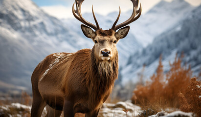 Majestic Red Deer Stag in Winter Wonderland