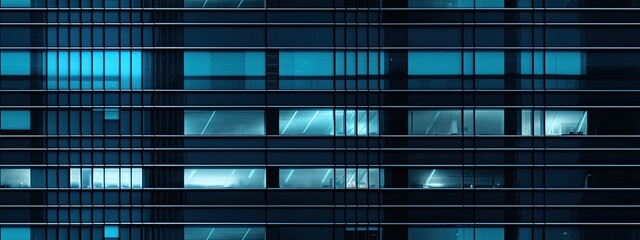 Seamless skyscraper facade with blue tinted windows and blinds at night. Modern abstract office building background texture with glowing lights against dark black exterior walls - obrazy, fototapety, plakaty