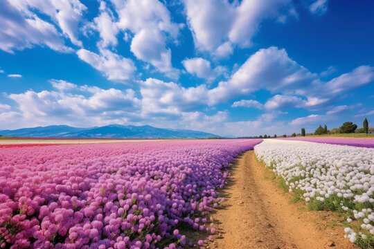 Purple and pink flower-filled landscape with clear blue sky. Generative AI
