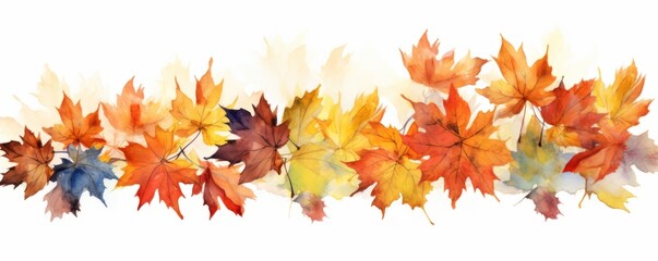 Autumn watercolour illustration. Maple colourful leaves. Panoramic banner, template, card, texture, ornament. AI generated stylised digital design. 