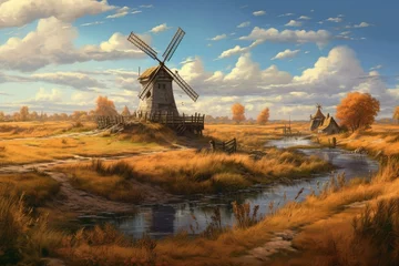 Foto op Canvas A scenic fall landscape featuring a field teeming with tall grasses, accompanied by blue skies and traditional windmills. Generative AI © Ramin