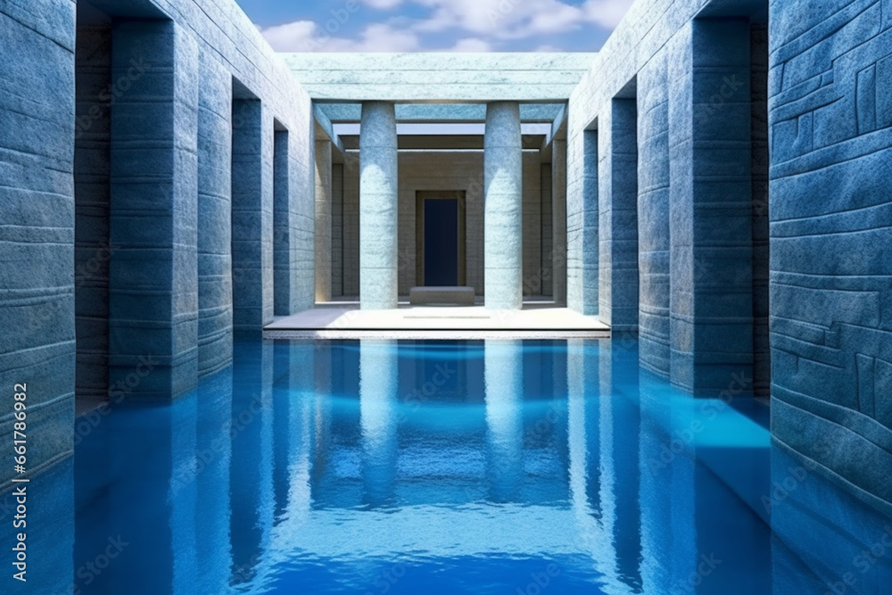 Aufkleber sumerian temple, with ethereal shapes and serene blue tones. the image conveys a sense of tranquilit