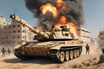 War situation in Israel with military tank and blast ai generative image - obrazy, fototapety, plakaty