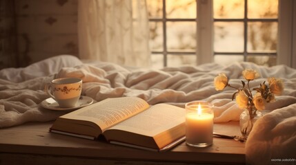 Light cozy bedroom, Coffee or tea cup and an open book on the bed. - obrazy, fototapety, plakaty