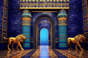 An image featuring abstract interpretations of the majestic Ishtar Gate, with intricate patterns and vibrant blue and yellow tones.  - obrazy, fototapety, plakaty