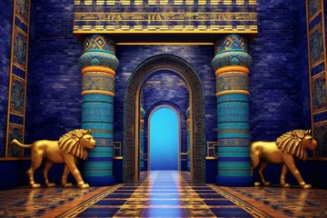 Fotobehang An image featuring abstract interpretations of the majestic Ishtar Gate, with intricate patterns and vibrant blue and yellow tones.  © Oleksandr