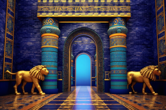 An image featuring abstract interpretations of the majestic Ishtar Gate, with intricate patterns and vibrant blue and yellow tones. 