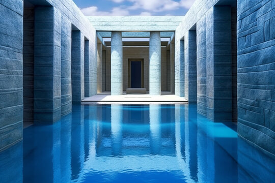 Sumerian temple, with ethereal shapes and serene blue tones. The image conveys a sense of tranquility and reverence for the sacred spaces of Sumerian religious worship. 
