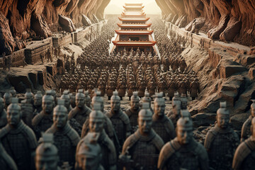 An image showcasing abstract representations of the terracotta warriors and horses of Emperor Qin Shi Huang's mausoleum,  - obrazy, fototapety, plakaty