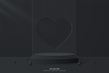 Black 3D cylinder podium pedestal realistic with heart shape hole or window on backdrop and sphere balls. Valentine day scene for promotion and advertise product. 3D vector geometric platform design - obrazy, fototapety, plakaty