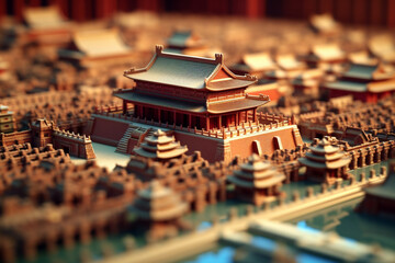 An image showcasing abstract representations of the magnificent Forbidden City in Beijing, with geometric shapes and regal colors.