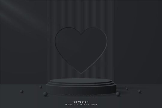 Black 3D cylinder podium pedestal realistic with heart shape hole or window on backdrop and sphere balls. Valentine day scene for promotion and advertise product. 3D vector geometric platform design