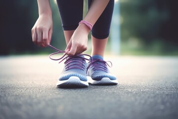 A young sporty woman on her morning run. Close up of the hand, tiding shoes strings. Sport and healthy life concept. AI generated image.  - obrazy, fototapety, plakaty