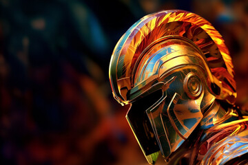 An abstract portrayal of a Spartan helmet, with strong lines and metallic tones. 