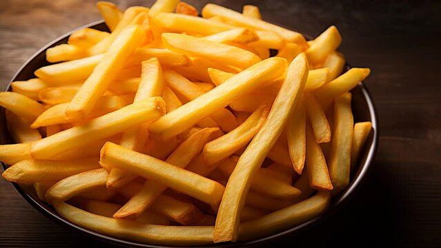 Golden and irresistible a top view close up of French fries 3d Motion footage for background