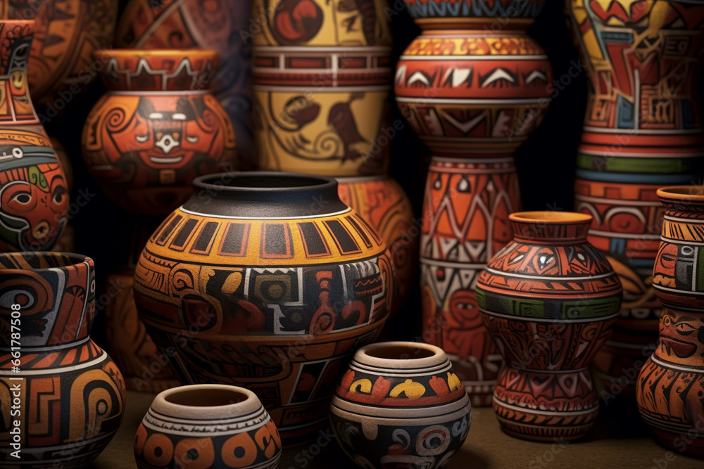 Leinwandbilder an image featuring abstract interpretations of maya pottery designs, with intricate patterns and ear