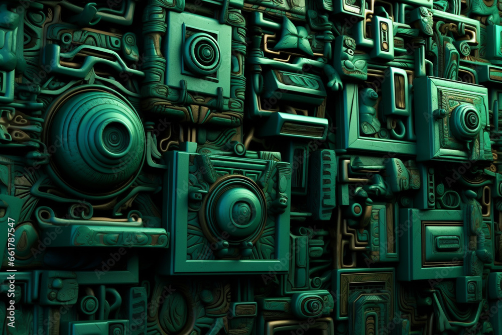 Aufkleber an abstract portrayal of maya jade artifacts, with abstract patterns and cool greens