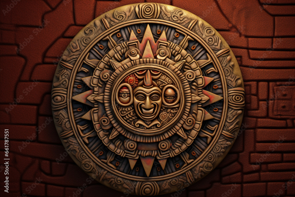 Poster An image featuring abstract interpretations of the Aztec Sun Stone, with intricate patterns and warm earth tones. 