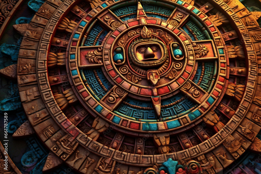 Aufkleber an abstract portrayal of the aztec calendar, with circular patterns and vibrant hues.