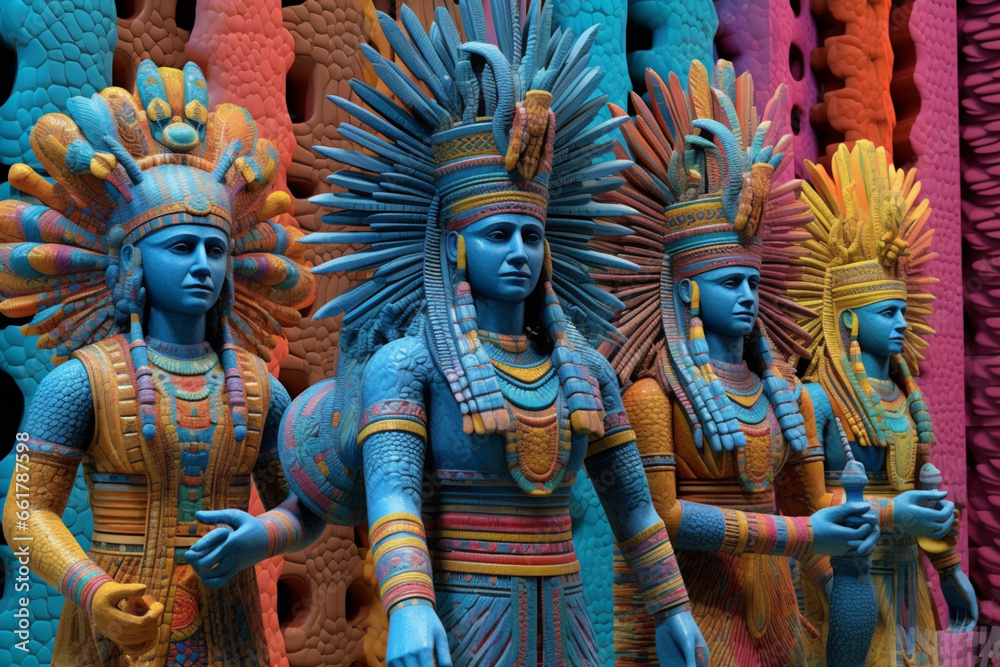 Poster an abstract depiction of mesopotamian mythological figures, with stylized forms and a cosmic color s