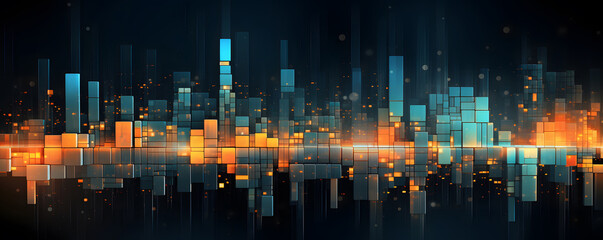 A colorful abstract wall design, in the style of data visualization, cubo - futurism, luminous landscapes, dark cyan and orange, elegant cityscapes, selective focus, social network analysis