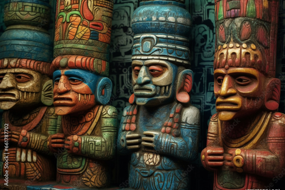 Aufkleber an abstract portrayal of shamanic figures in olmec art, with mystical shapes and a subdued color pal