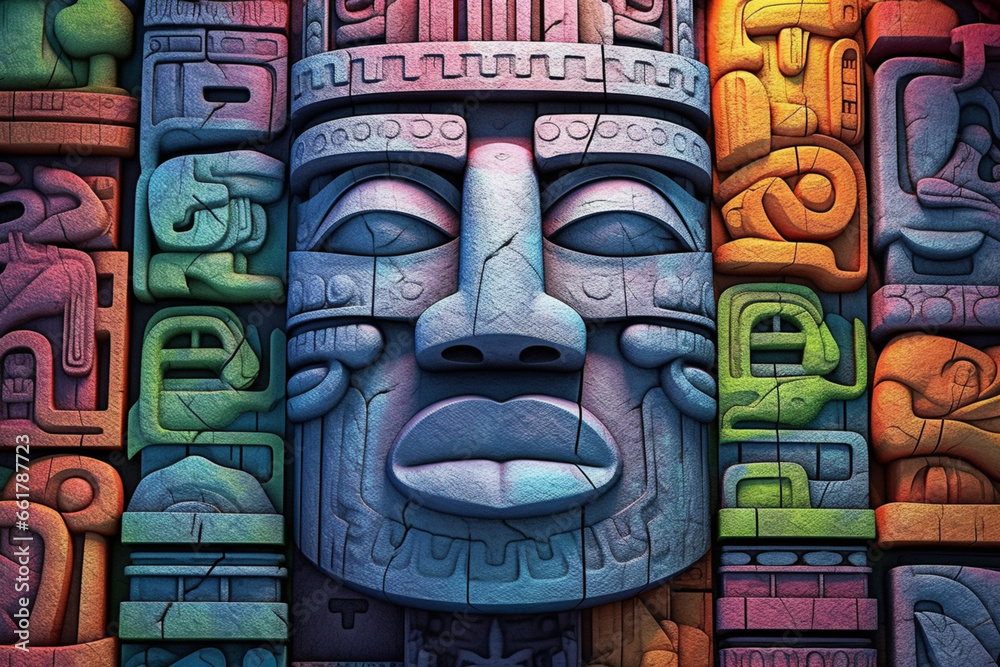 Leinwandbilder an abstract portrayal of iconic olmec symbols, with abstract shapes and a symbolic color palette.