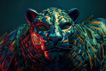An abstract depiction of Olmec jaguar imagery, with sleek lines and a bold color palette. 
