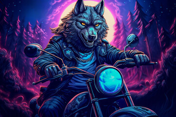 Cool biker wolf riding motorcycle. Hard rock dark fantasy character illustration