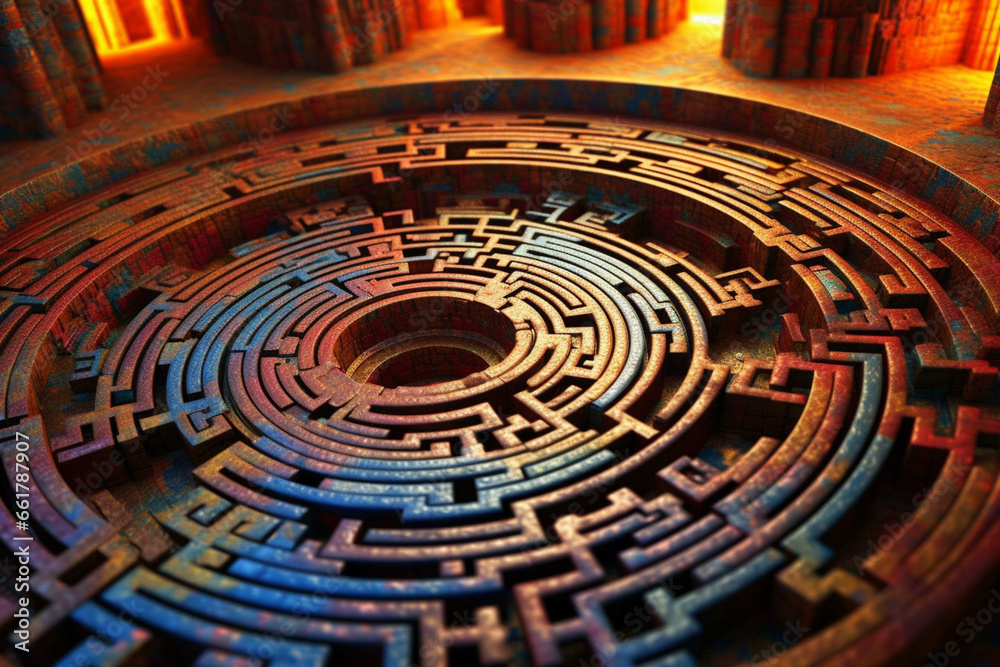 Leinwandbilder An image showcasing abstract interpretations of the Minoan labyrinth, with intricate patterns and a mesmerizing color palette.