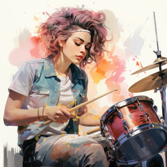 Fototapeta na wymiar drawing of a girl playing drums in an ensemble
