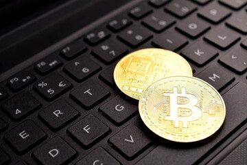 Closeup of cryptocurrecy bitcoin on keyboard