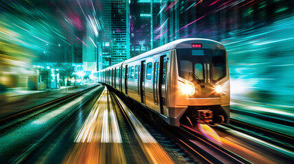 Naklejka premium A train traveling through busy city lights