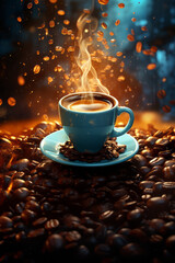 Coffee pouring over beans, lens flares, unreal engine, lo-fi aesthetics, light amber and aquamarine