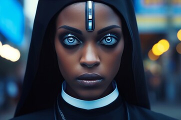 Gorgeous cyberpunk nun. Stunning cybernetic holy sister with blue eyes. Generate ai