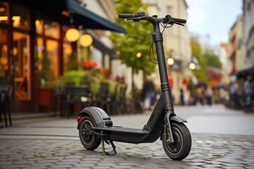 rental electric scooter on an autumn city street