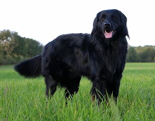pretty big black hovawart stands on a green meadow