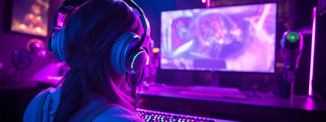 A girl with headphones gaming on a monitor with neon lighting, featuring a light purple aesthetic