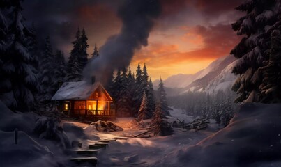 A cozy cabin nestled in the woods with smoke curling from its chimney against a snowy backdrop, ai generator