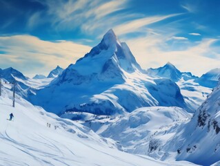 Obraz premium Snow-capped mountains with skiers carving down the slopes., Ai generator